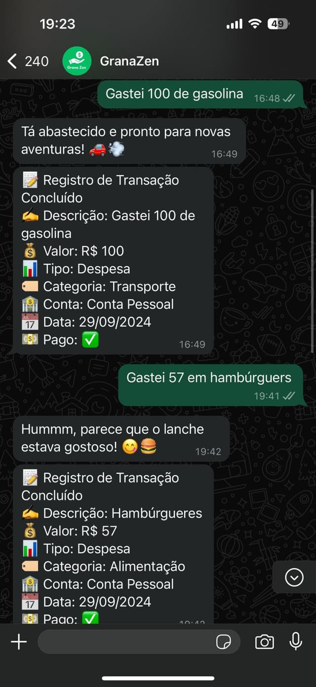 Foto de um celular com o WhatsApp aberto e uma conversa com GranaZen