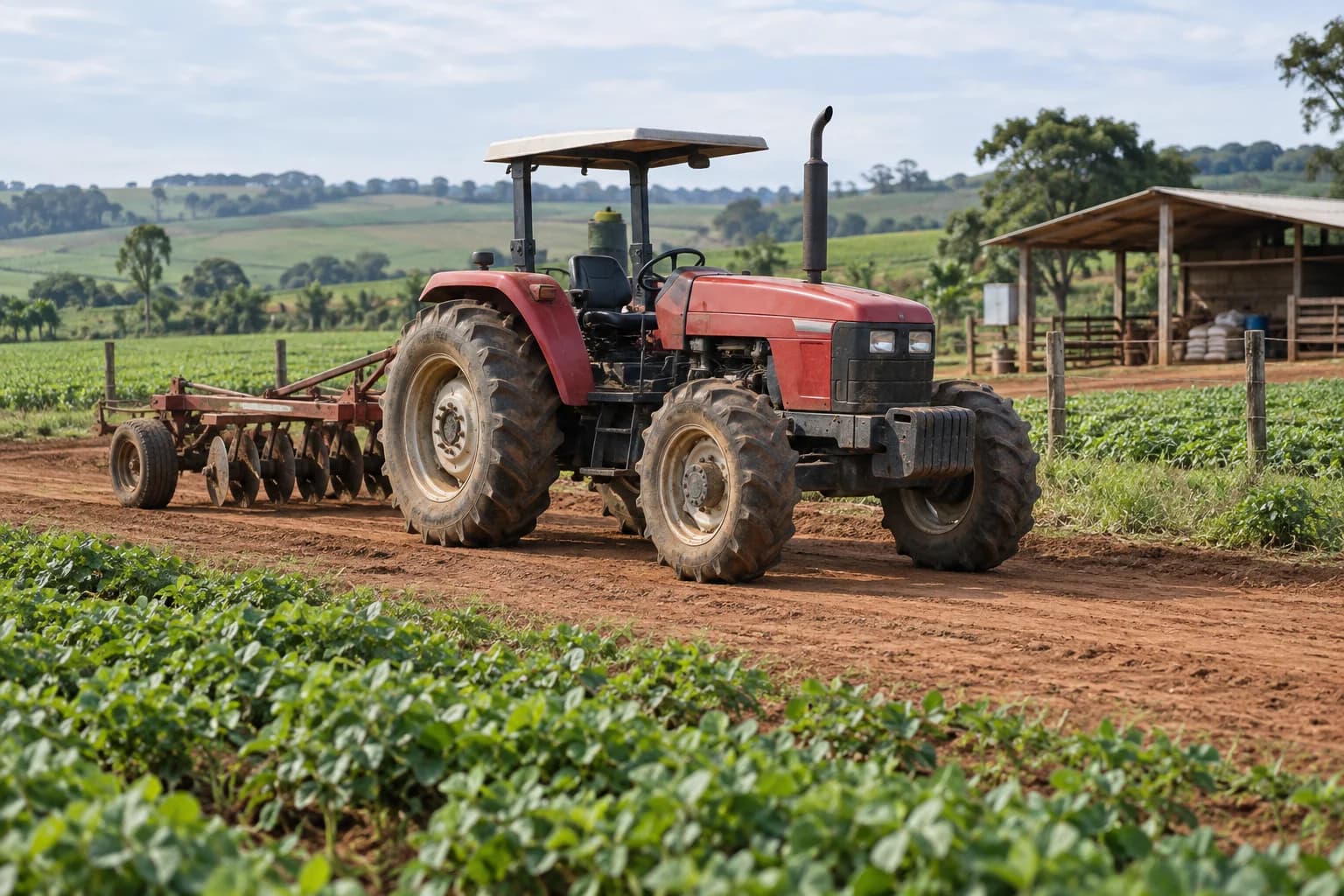 Red tractor on a farm dirt track, with green crops and a farm shed in the background